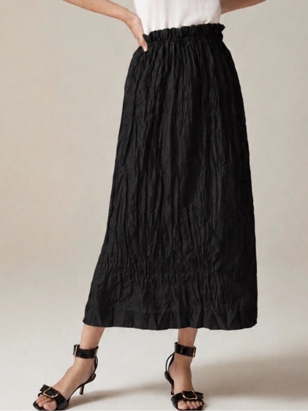 J.Crew Black Crinkle Midi Skirt Gathered Waist Soft Goth Minimalist Art To Wear